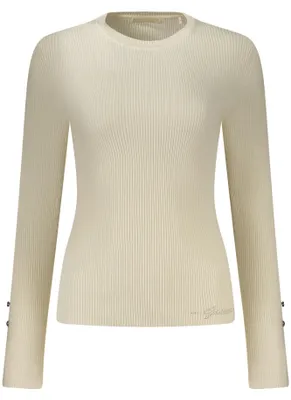 Image de Pull en maille blanc avec strass et manches texturées - Élégance moderne