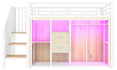 Image de Lit superposé - Métal - 90 x 200 cm - 2 tiroirs et une étagère ouverte - Éclairage LED multicolore - Sans matelas - Blanc