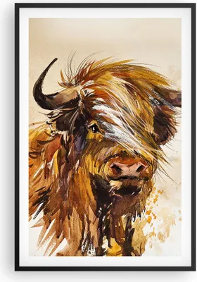Produktbild von Gerahmtes Poster - Schwarzer Rahmen - Stier Scotch Aquarell - 61x91,5 cm - Wand Bild - Wanddeko - Wandbilder - Kunstposter - Wandposter - Bilderrahmen - Bilder - Kunstdruck - P2BPA61x91-4708