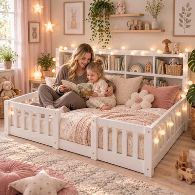 Imagen del producto de Cama infantil INONEFT, modelo con base en el suelo, de 90x200 cm, con protección anticaídas, camas infantiles con espacio de almacenamiento y estantería abierta, ideal para niños y adolescentes, tanto para niños como para niñas