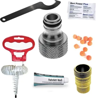 Produktbild von Reinigungsset R-Set für Zapfanlagen mit Adapter, 10mm ID, 30mm, 10 Schwammkugeln, 35g Bevi Power Reinigungskonzentrat
