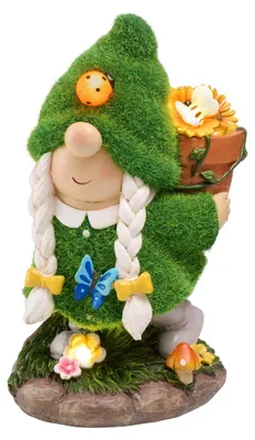 Gartenfigur mit Solarlicht, Blumen pflückende Gonk-Dame, Harz, 20,5 cm