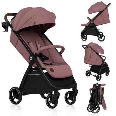 A collage of images showing a pink baby stroller from different angles, including a folded view.