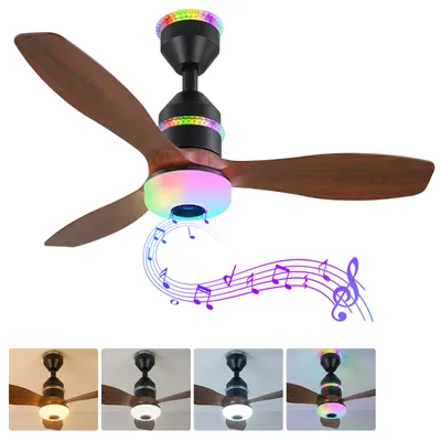 Image de Ventilateur de plafond LED 60 cm avec éclairage E27 RGB, fonction musicale, télécommande via application, moteur sans balais 48 W, silencieux, 3 vites