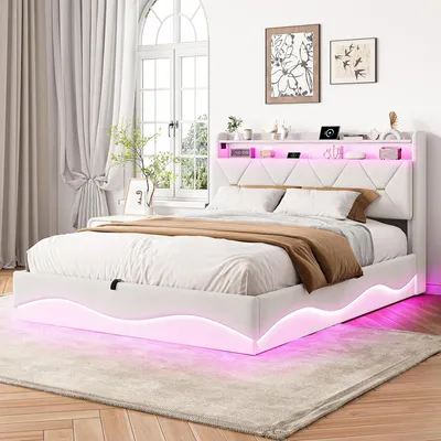 Image de Lit 140 x 200 cm - Structure de lit rembourrée - Espace de rangement - Tête de lit - Revêtement en velours - Sans matelas - Beige