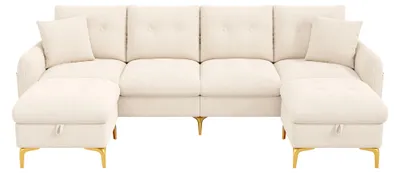 Produktbild von Modulares Schlafsofa 4-Sitzer 263×137×85 cm in Beige mit 2 Stauraumhockern und 2 Kissen, ohne Matratze