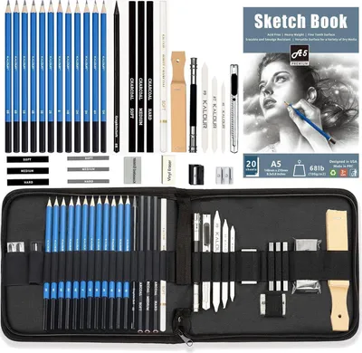 Image de Kit de dessin 34 pièces dans un sac de transport | Kit d'esquisse et de dessin | Crayons graphite et charbon de bois | Gomme et plus encore