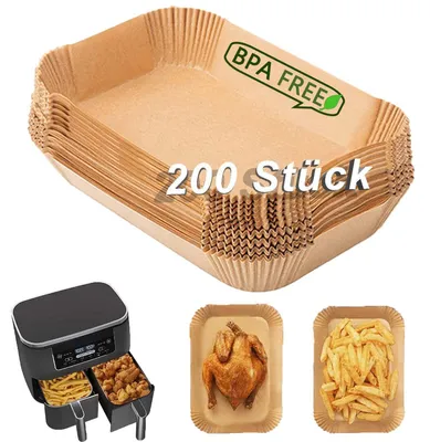 Zdjęcie produktu dla Papier do frytkownic bezolejowych, 200 sztuk, 22 cm, akcesoria do frytkownicy bezolejowej z podwójną komorą, kompatybilne z modelami AF400EU o pojemności 7,5-9,5 litra