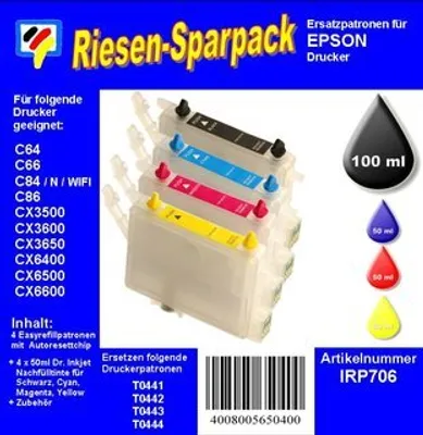 Produktbild von CISS / Easyrefill T0441-T0444 Multipack mit 4 Patronen und 250ml Dr.Inkjet Premium Nachfülltinte