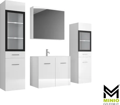 Produktbild von MINIO go for it Badezimmermöbel MARIT 2, Weiß / Weiß Hochglanz, mit LED-Beleuchtung und Waschbecken, Mehrteiliges Set mit Glasböden, ABS-Kanten, aus Spanplatte und gehärtetem Glas. Maße: Hochschrank BxHxT 30.2x132x30.2 cm, Wandspiegelschrank BxHxT 60x57.7x20 cm, Waschbecken BxHxT 60x5x35 cm, Waschbeckenunterschrank BxHxT 60x47.2x33 cm, Mittelschrank BxHxT 30.2x107.4x30.2 cm