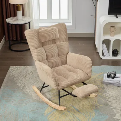 Produktbild von Sweiko Brauner Schaukelstuhl, moderner gepolsterter hochwertiger Stoff Kinderzimmer-Gleitstuhl mit gepolstertem Sitz, hoher Rückenlehne, Sessel und unsichtbarer, Mit Nackenkissen