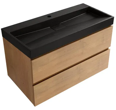 Image de CERANO - Meuble de salle de bain Carole - en bois chêne miel + vasque en marbre synthétique Vita - noire mate - avec trou - 100x58x46 cm