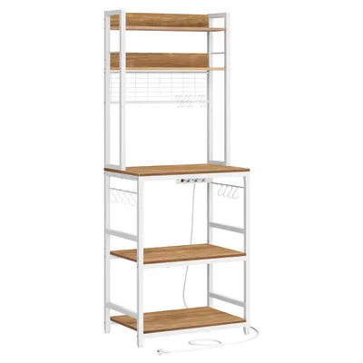 A white metal and wood kitchen baker's rack with shelves and hooks.
