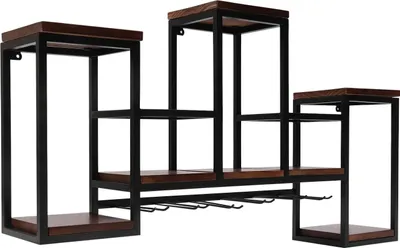 Immagine prodotto di Scaffale per bottiglie di vino con portabicchieri - Scaffale da parete - Stile vintage, legno e metallo - Ideale per bottiglie di vino e bicchieri - Perfetto per cucina, bar e soggiorno