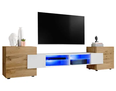 Obrázek produktu pro Extreme Furniture Bridge Tv Skříňka | Skříňka Do Obývacího Pokoje Se 2 Skleněnými Policemi A 2 Dveřmi Korpus Wotan A Bílá Čela