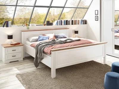 Produktbild von Schlafzimmer Set 3-teilig Bett 180x200cm Pinie weiß mit Eiche JÜLICH-77