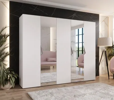 Obrázok produktu pre Široká šatníková skriňa 250 cm AMARIS 2 so zrkadlom - biela / kašmírové úchyty