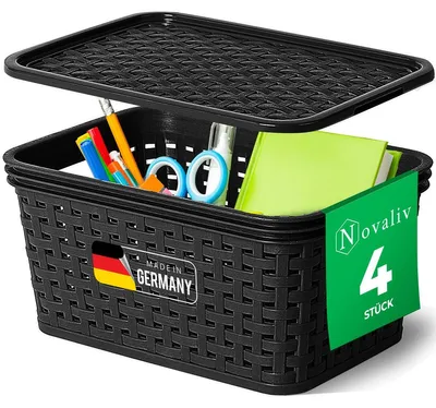 Produktbild von Novaliv 4er Set Elegante Aufbewahrungskörbe mit Deckel in Rattan-Optik | Schwarz Lebensmittelecht Kunststoff 2L – für Büro und Zuhause. Vielseitige Kisten zur Aufbewahrung. Ideale Aufbewahrungsbox