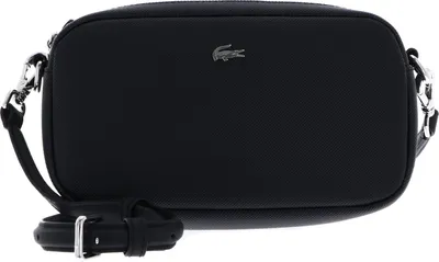 A black LACOSTE crossbody bag is shown against a white background.