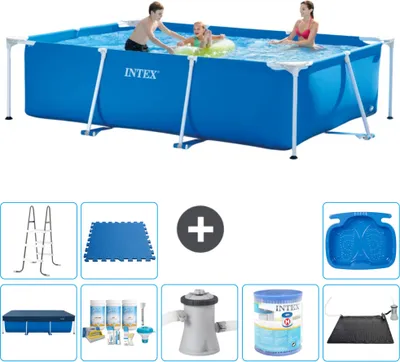 Produktbild von Intex-Schwimmbecken mit rechteckigem Rahmen – 300 x 200 x 75 cm – Blau – im Lieferumfang enthalten Abdeckung - Wartungspaket - Filterpumpe für Schwimmbad - Filter - Solarmatte - Leiter