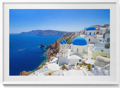 Produktbild von Blick auf die griechische Architektur– Wandbild mit Rahmen – Gerahmtes Bild  – Wanddekoration – 100x70 cm –  Weiß Rahmen