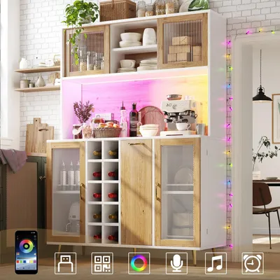 Produktbild von Moderner Buffetschrank 120x40x170cm mit LED Beleuchtung Weinregal und Steckdose Multifunktions Küchenschrank 5 Türen Weiß mit Holzoptik