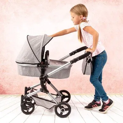 Produktbild von Unyqoos® Bambimo 2‑in‑1 Puppenwagen Neo Vario – Kombi-Puppenwagen grau (Jeanslook) mit Kronenmotiv, höhenverstellbar 62–79 cm, klappbar, Einkaufskorb, Schultertasche