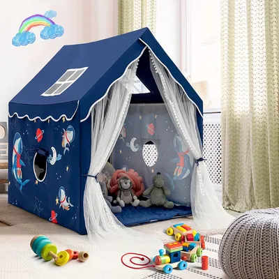 Produktbild von Spielzelt für Kinder mit gepolsterter Decke, Kinder Spielhaus mit Netzvorhang und Fenstern, Kinderzelt für Jungs & Mädchen, für Indoor und Outdoor (Blau)