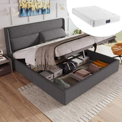 Obrázok produktu pre Manželská posteľ s čalúneným rámom, rozmer 160x200 cm, s nastaviteľnými opierkami hlavy, hydraulický rošt s úložným priestorom, posteľ potiahnutá kvalitnou tkaninou s kovovým roštom