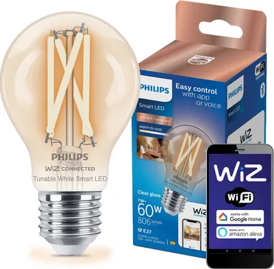 Obrázek produktu pro Philips Žárovka Filament čirá 7 W (ekv. 60 W) A60 E27, Chytrá žárovka, Wi-Fi/Bluetooth, Průhledná, Wi-Fi 4 (802.11n), 802.11b, 802.11g, LED, E27