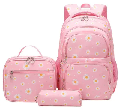 Productafbeelding van Schoolrugzakset voor meisjes, roze met madeliefjes, 3-delig, inclusief lunchtas en etui