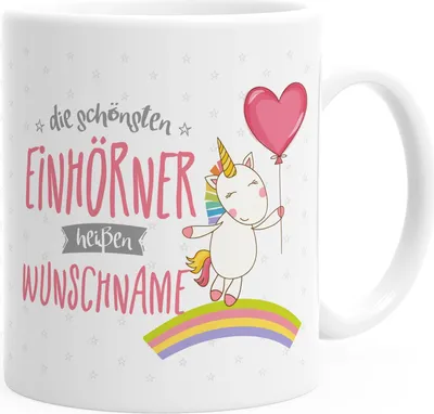 Produktbild von Kindertasse Einhorn Kunststoff die schönsten Einhörner heißen Wunschname individualisierbare Einhorn-Tasse mit eigenem Namen Unicorn personalisierte Namenstasse für Kinder Jungen Mädchen MoonWorks® weiß Kunstoff-Tasse