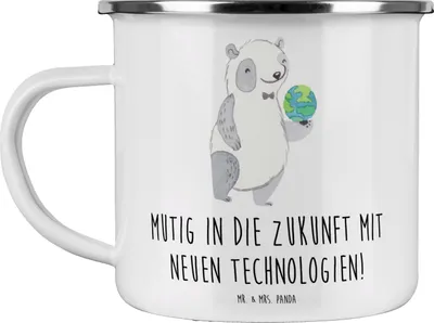 Produktbild von Mr. & Mrs. Panda Teetasse Neuen Technologien begegnen - Weiß - Geschenk, Emaille Becher, Tasse, Geschenkideen, Mutig in die Zukunft, Handgefertigt, Lernreise, Vertrauem