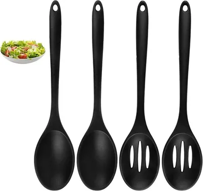 Produktbild von Silikon-Kochlöffel-Set 4-teilig, antihaftbeschichtet, hitzebeständig, BPA-frei, schwarz, 27,5 cm