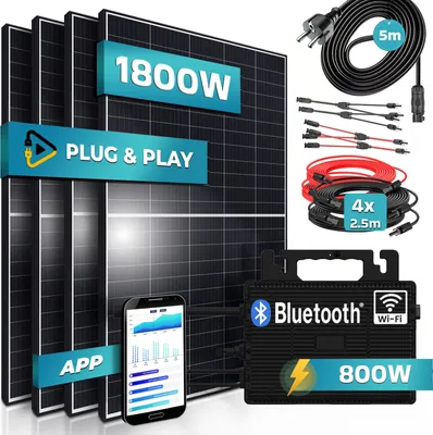 Produktbild von SUNNIVA® 1800W Balkonkraftwerk komplett Steckdose - ASTRO-ENERGY 800W Wechselrichter - PV Solaranlage, 4x 450W Solarmodule, 5m Kabel - Bluetooth WIFI
