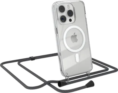 Produktbild von EAZY CASE - Handykette kompatibel mit Apple iPhone 15 Pro Kette zum Umhängen Stoßfest Handyhülle für Apple iPhone 15 Pro Silikon Hülle mit Band Transparent als Fallschutz in Schwarz/Anthrazit - Clips Schwarz