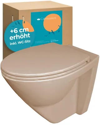 Produktbild von Calmwaters® Erhöhtes Wand WC spülrandlos Modern Plus mit Toilettendeckel, +6 cm Erhöhung, erhöhte Toilette inkl. abnehmbarem WC Sitz mit Absenkautomatik und Fast-Fix, Komfort Tiefspüler, Bahamabeige