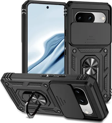 Image de Étui pour Google Pixel 8 étui double couche avec couvercle coulissant pour appareil photo et support annulaire noir