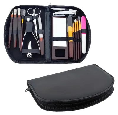 Image de Kit de manucure élégant comprenant 18 pièces, présenté dans un étui en similicuir noir – idéal pour un soin complet des ongles et des cosmétiques