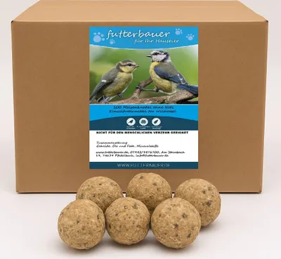 A cardboard box with a label showing birds and product information, with several bird food balls in front.