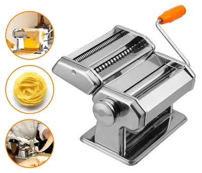 Image de Machine à pâtes manuelle Peviasot, en acier inoxydable 304, avec 9 réglages d'épaisseur, rouleaux de coupe de 2/4 mm et système de fixation à table