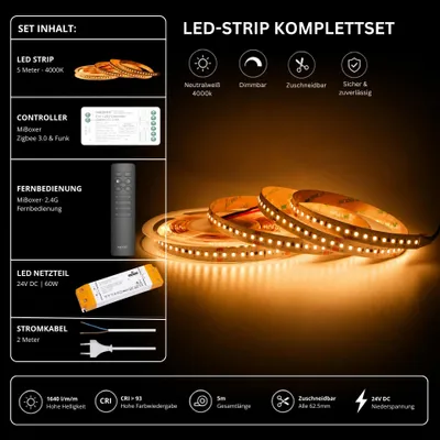 Produktbild von LED Streifen Set Neutralweiß 4000K – SMD LED Streifen 24V, 9 W/m, 1640 lm/m, 5m – SS60 Netzteil, SZ2 Zigbee 3.0 Controller  und  C1 Fernbedienung Schwarz