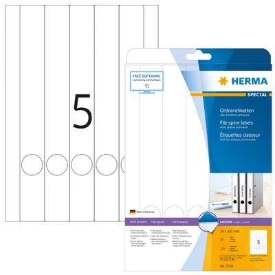 Obrázok produktu pre Štítky na zakladače A4 biele 34x297 mm papier matný nepriehľadný 125 ks.