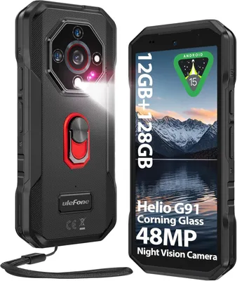 A product shot of a rugged smartphone, showing both the front and back.