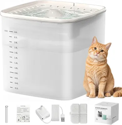 Produktbild von Trinkbrunnen für Katze, Katzenbrunnen, Automatischer Trinkbrunnen für Katzen und Hunde, 3L Wassertank, Leise Wasserpumpe, mit 2 Filterpatronen
