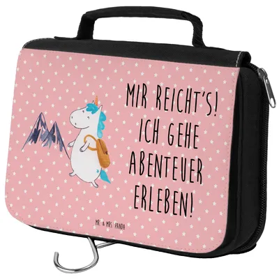 Produktbild von Mr. & Mrs. Panda Make-Up Tasche Einhorn Bergsteiger - Rot Pastell - Geschenk, Unicorn, kosmetiktäschchen, Kosmetiktasche, Einhörner, Weltreise, Waschbeutel, Kulturbeutel