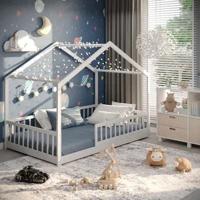 Produktbild von CADANI Malte Hausbett 120x200 cm Bodenbett Weiß, Flexibler Rausfallschutz, Kinderbett Umbaubar, Montessori Design, Holzbett mit Lattenrost