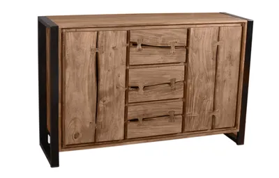 Zdjęcie produktu dla SIT Meble Kredens z 3 szufladami, 2 drzwiami | Akacja naturalna | Stelaż metalowy czarny | szer. 140 x gł. 40 x wys. 90 cm | 11803-01 | Seria NATURAL EDGE