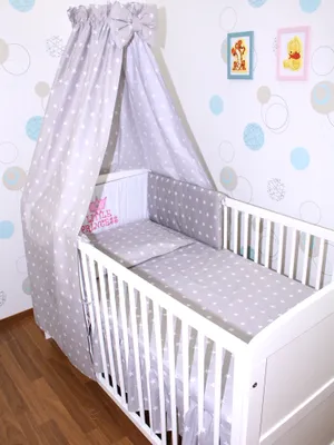 Produktbild von Primawela Baby Bettwäsche Set mit Applikation- 6 teiliges Set mit Vollstoff Himmel Bettset Nestchen 7.Princess-Sterne auf Grau