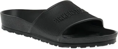 A single black Birkenstock sandal is shown against a white background.